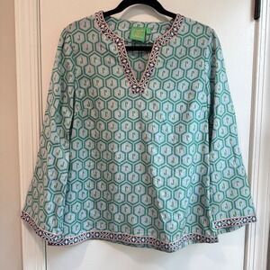 Jules Reid Tunic Top Size 8 Green Geometric Print Embroidered Cotton USA‎ Made